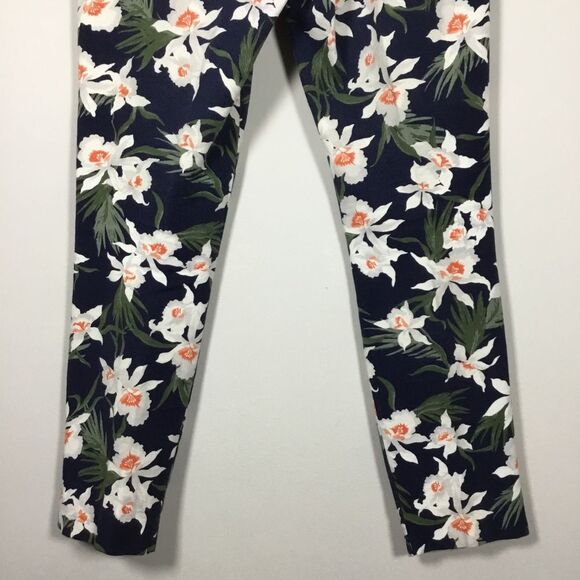 Navy exotic flower leaf print stretchy jeans pants waist 33” inner leg 26 1/2” - Picture 5 of 7